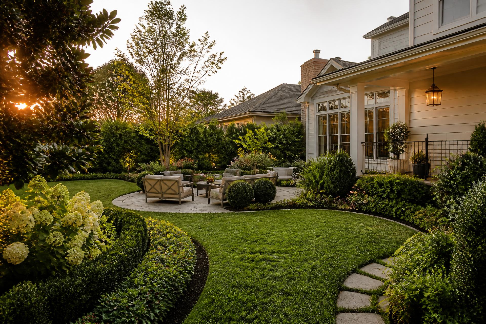 Lush landscaped backyard with stone patio and manicured lawn at golden hour