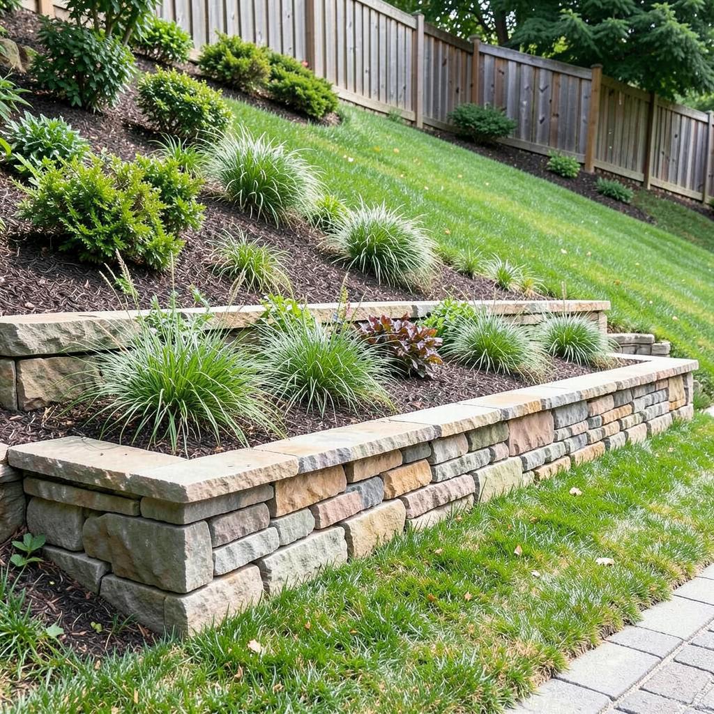 Stone retaining wall with tiered planting beds on a sloped York County SC yard