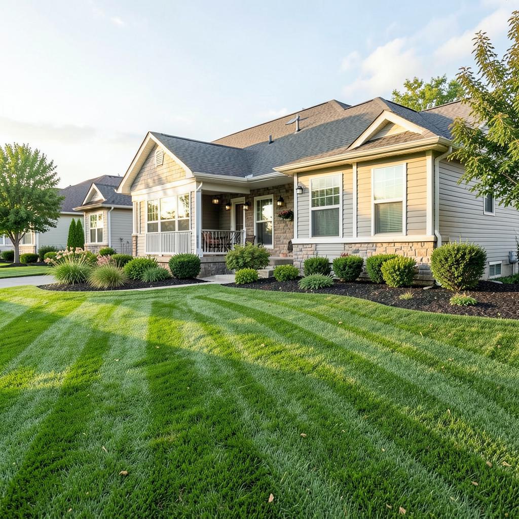 Freshly mowed striped lawn in front of a suburban home in Fort Mill SC